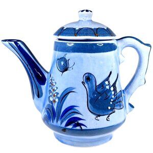 Tonala Blue Bird & Butterfly Teapot with Lid Vintage Signed Mexican Pottery